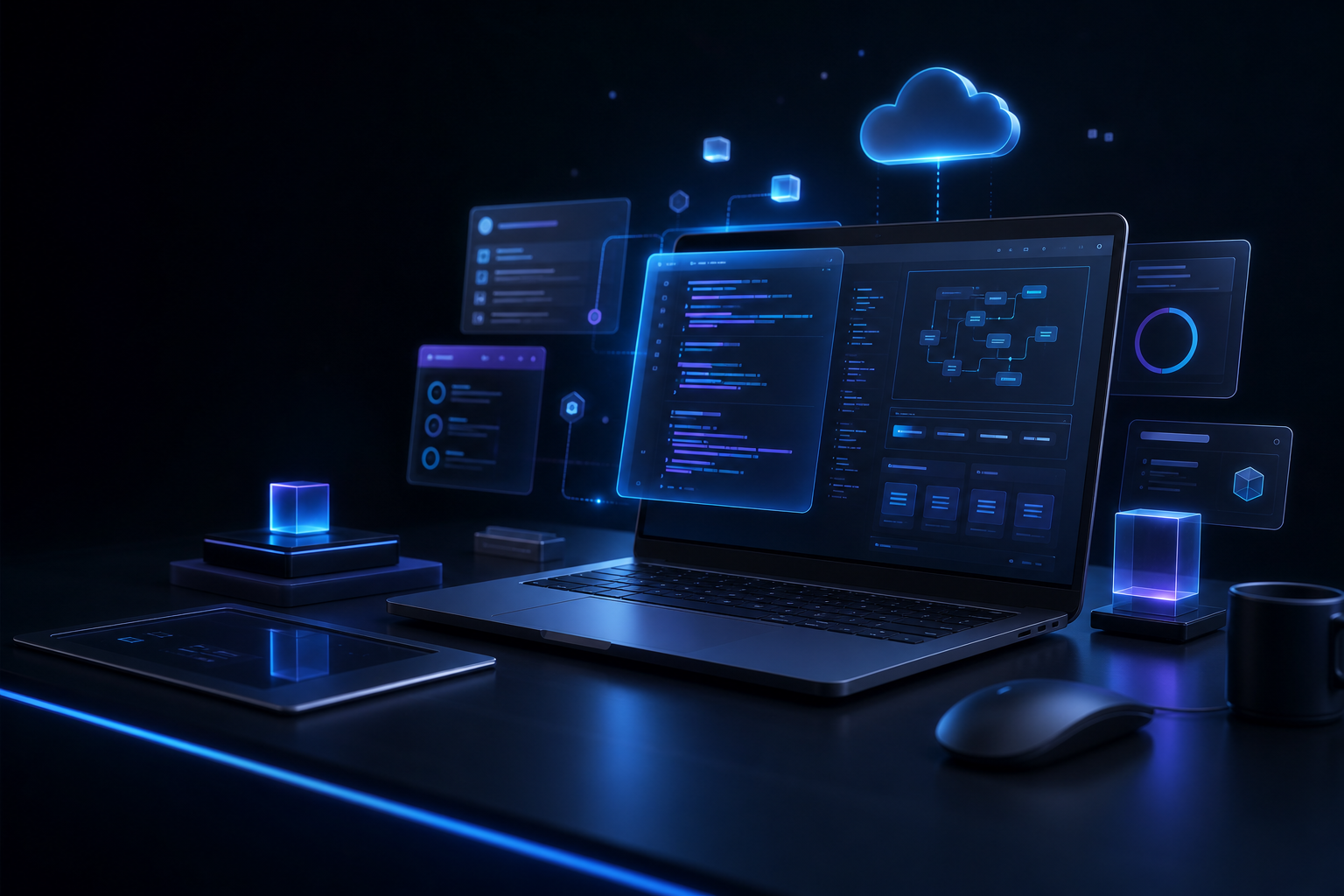 Futuristic developer workspace illustration